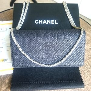 Chanel black denim long wallet with chain